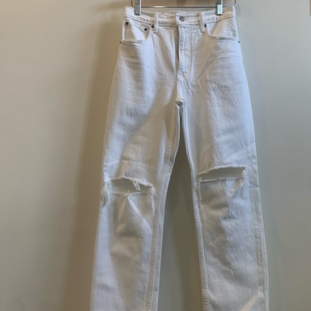 Abercrombie & Fitch White Straight Jeans with Distressed Details